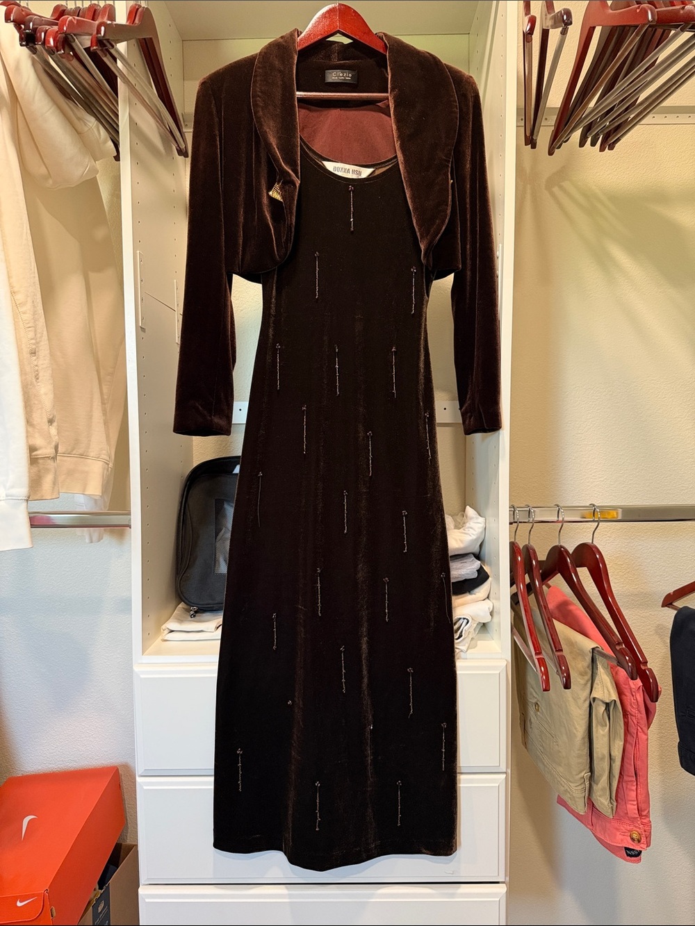 Elegant Brown Velvet Evening Dress with Bolero